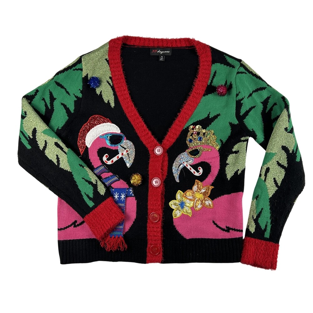 Christmas Cardigan Sweater Womens Medium Flamingo Ugly Sequin Party 33 Degrees